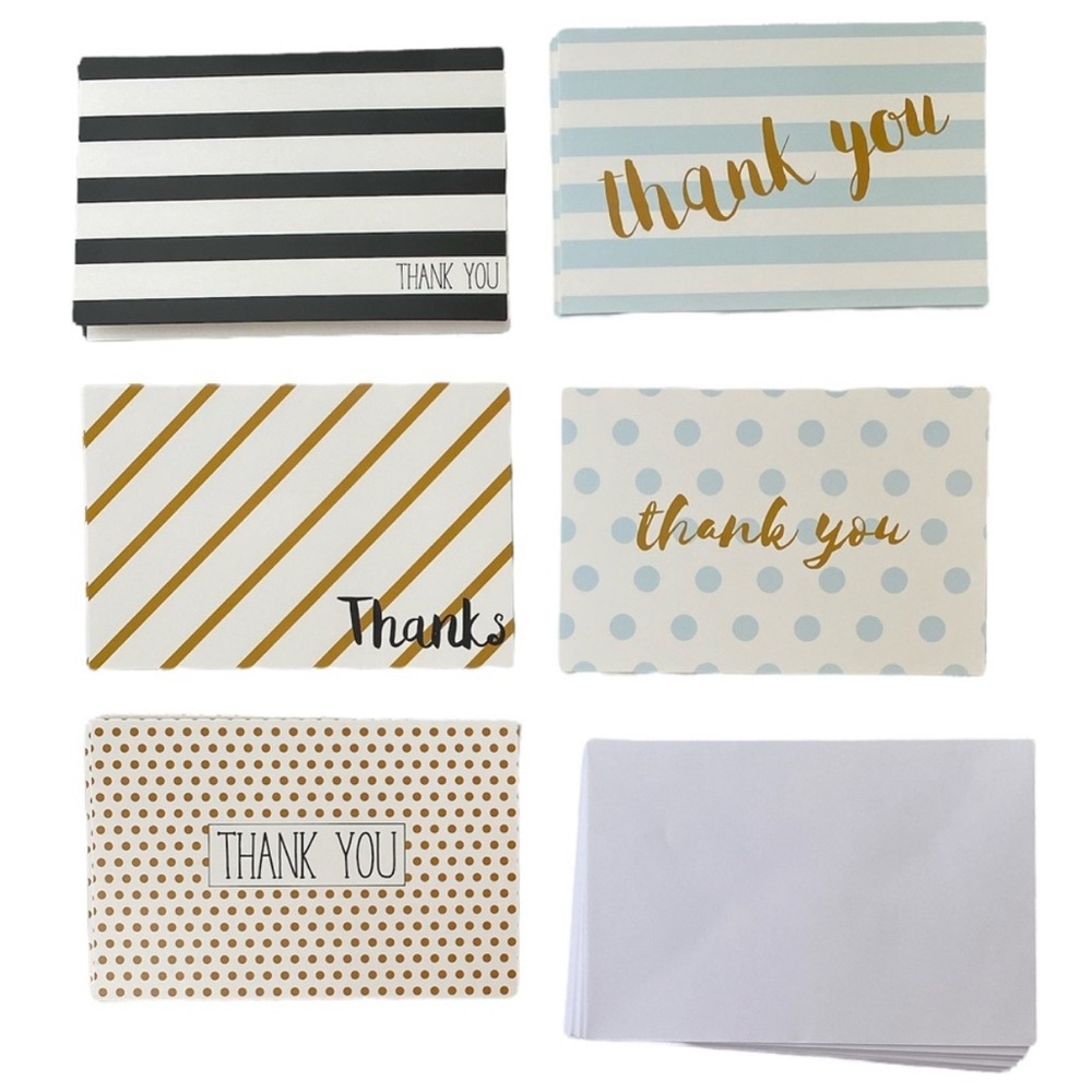 Set of 15 Thank You Note Cards with Envelopes Stripes Polka Dots Modern Designs